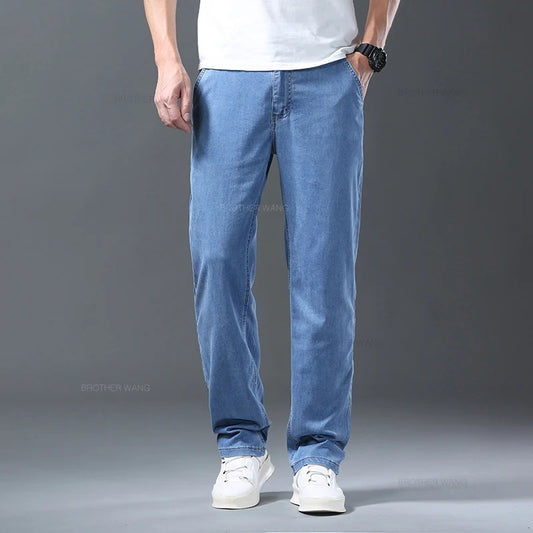 Lyocell Ice Silk Jeans Men's Summer Ultra-thin Loose Straight Denim Pants Soft Comfortable Brand Male Light Blue Trousers