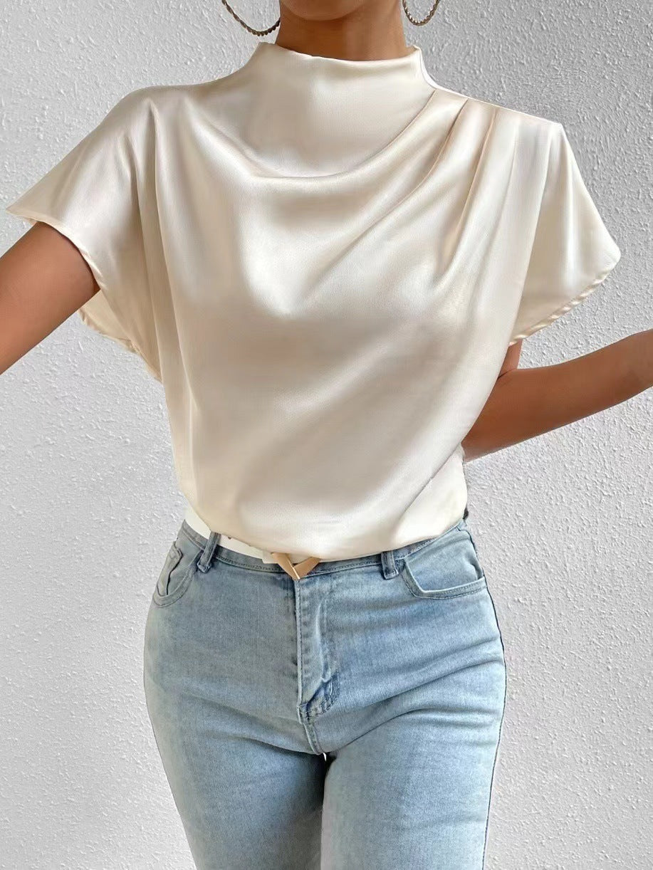 Round Neck Short-Sleeve Left Shoulder Ruched T-Shirt