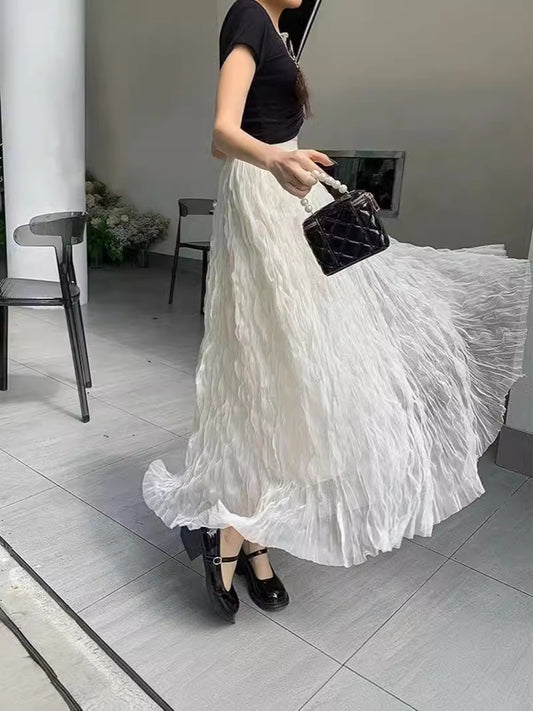 High Waist Slimming Look Mid-Length A-Line Large Hem Mesh Skirt