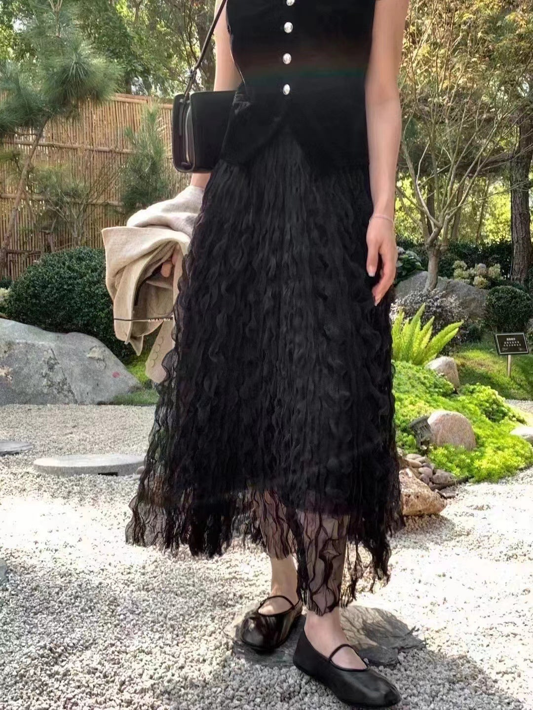 High Waist Slimming Look Mid-Length A-Line Large Hem Mesh Skirt