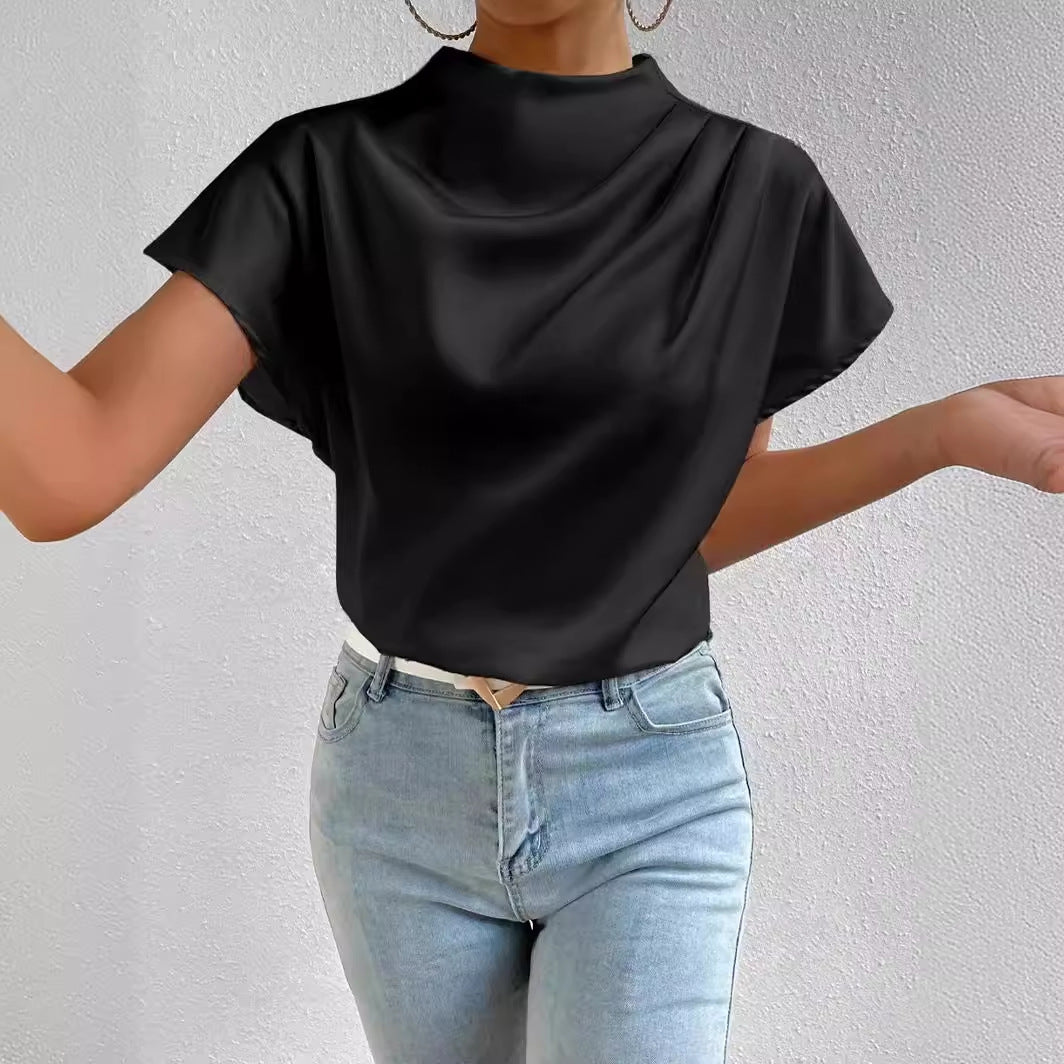 Round Neck Short-Sleeve Left Shoulder Ruched T-Shirt