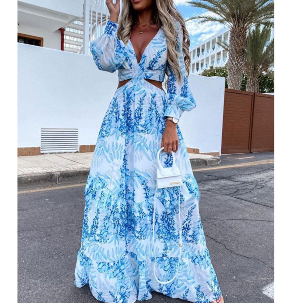 V-Neck Long-Sleeved Beach Dress