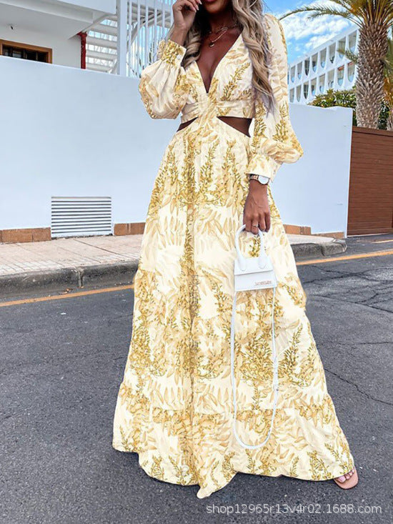 V-Neck Long-Sleeved Beach Dress