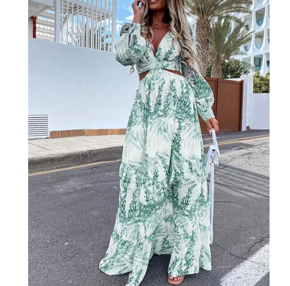 V-Neck Long-Sleeved Beach Dress