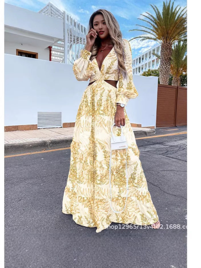 V-Neck Long-Sleeved Beach Dress