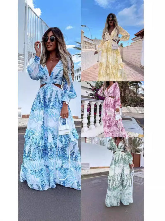 V-Neck Long-Sleeved Beach Dress