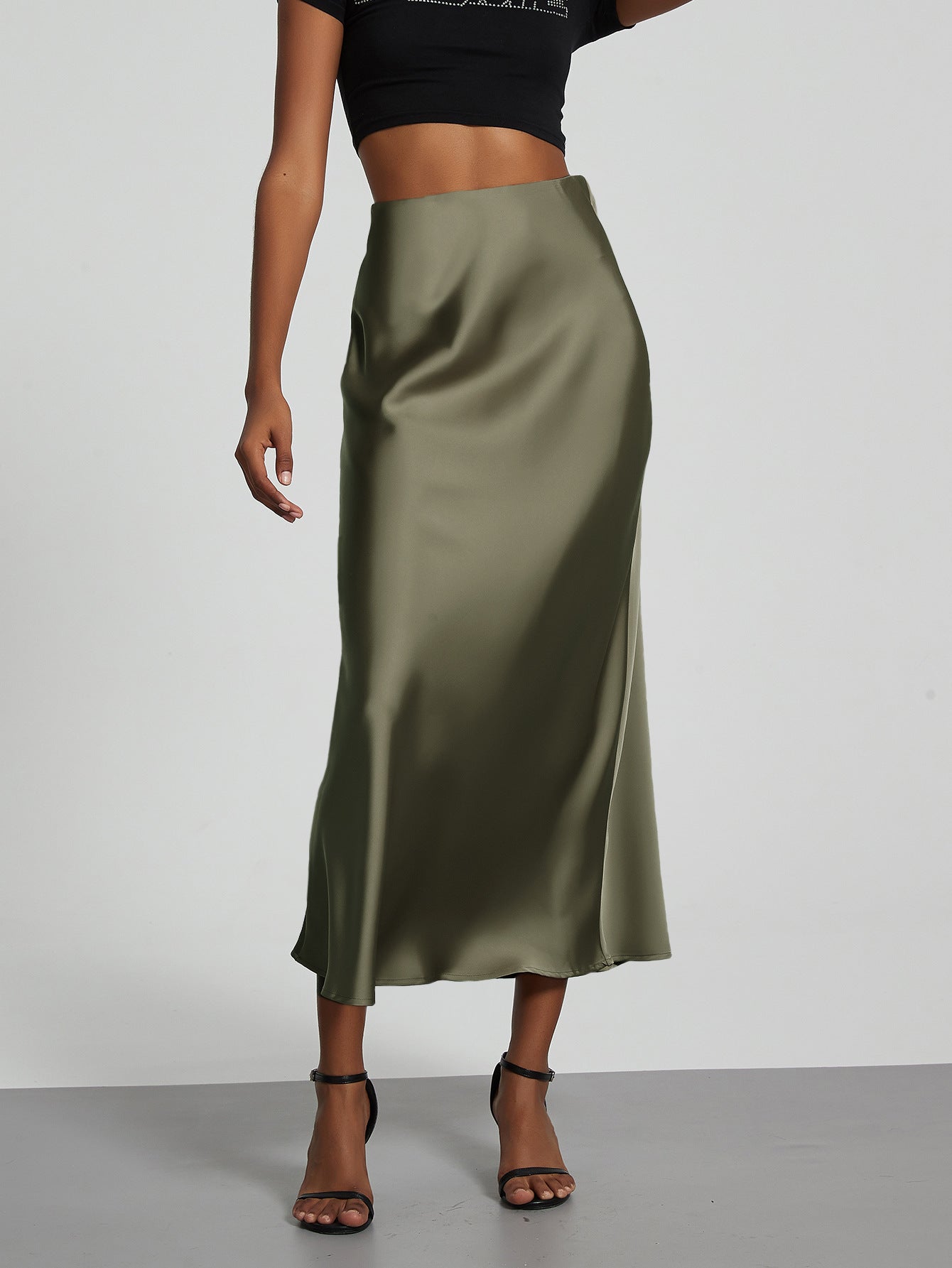 Elegant Satin Midi Skirt Slimming and Flowy