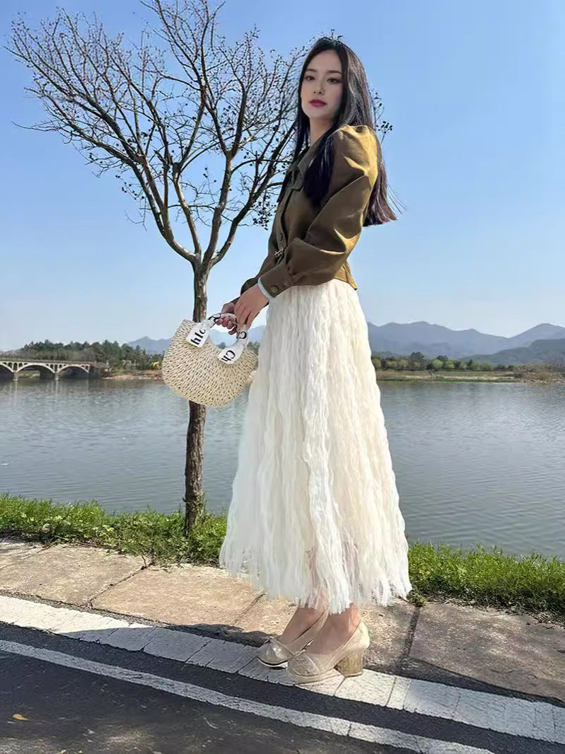 High Waist Slimming Look Mid-Length A-Line Large Hem Mesh Skirt