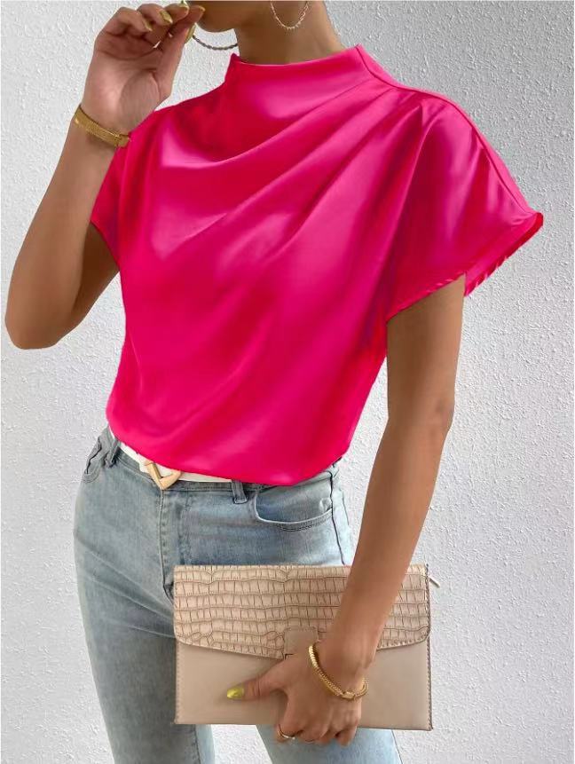 Round Neck Short-Sleeve Left Shoulder Ruched T-Shirt