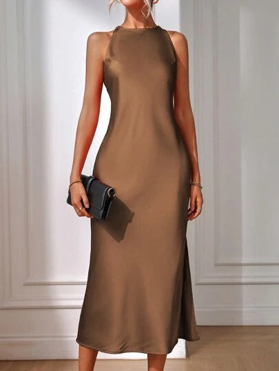 Sleeveless Slit Satin Imitation Silk Long Skirt