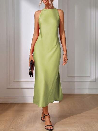 Sleeveless Slit Satin Imitation Silk Long Skirt
