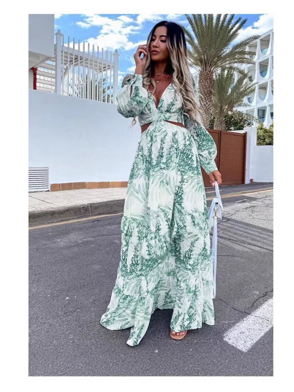 V-Neck Long-Sleeved Beach Dress