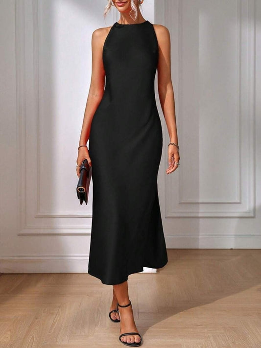 Sleeveless Slit Satin Imitation Silk Long Skirt