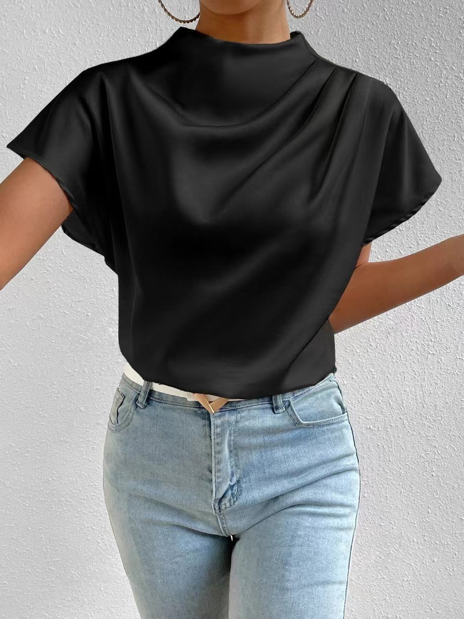 Round Neck Short-Sleeve Left Shoulder Ruched T-Shirt