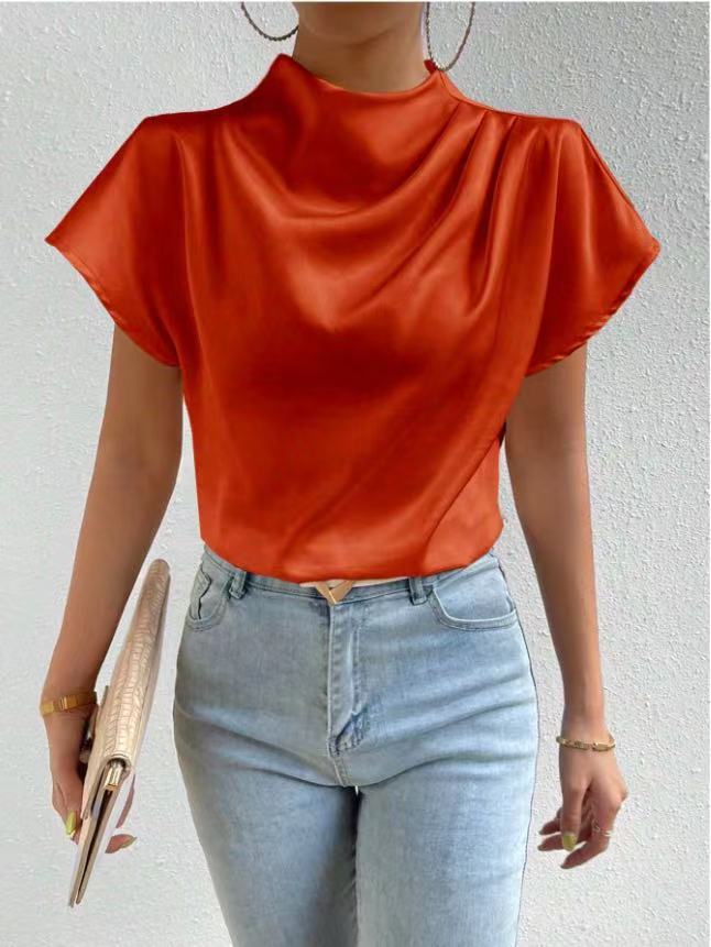 Round Neck Short-Sleeve Left Shoulder Ruched T-Shirt