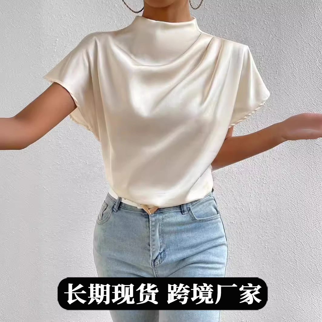 Round Neck Short-Sleeve Left Shoulder Ruched T-Shirt