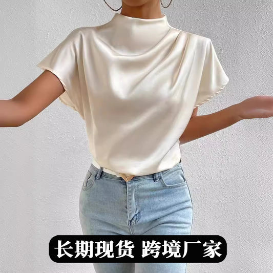 Round Neck Short-Sleeve Left Shoulder Ruched T-Shirt