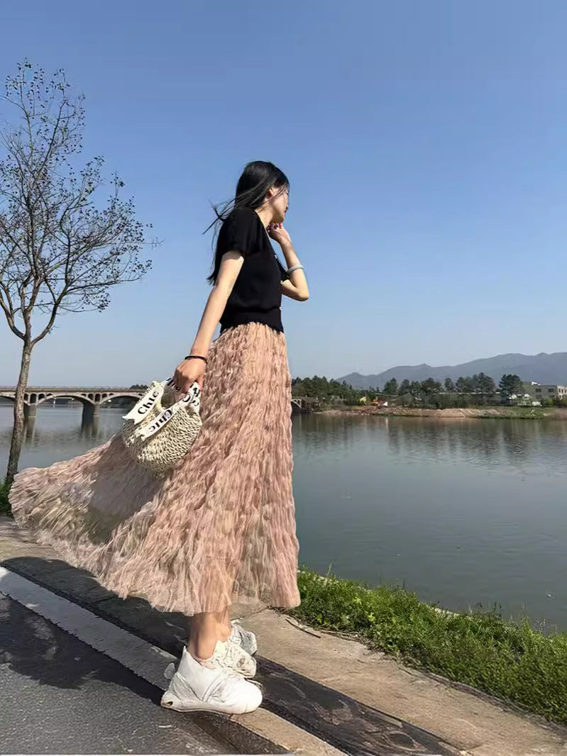 High Waist Slimming Look Mid-Length A-Line Large Hem Mesh Skirt