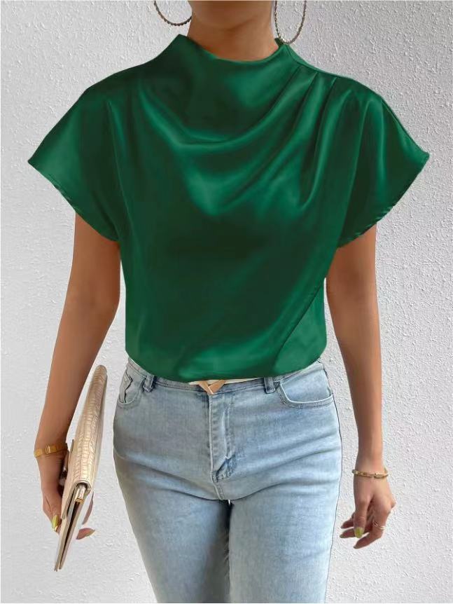 Round Neck Short-Sleeve Left Shoulder Ruched T-Shirt