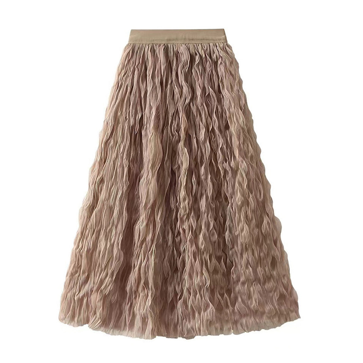High Waist Slimming Look Mid-Length A-Line Large Hem Mesh Skirt