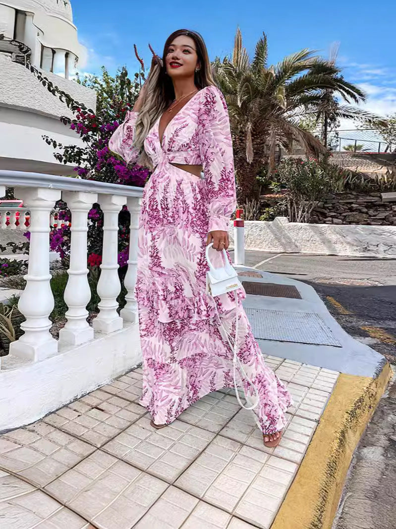 V-Neck Long-Sleeved Beach Dress