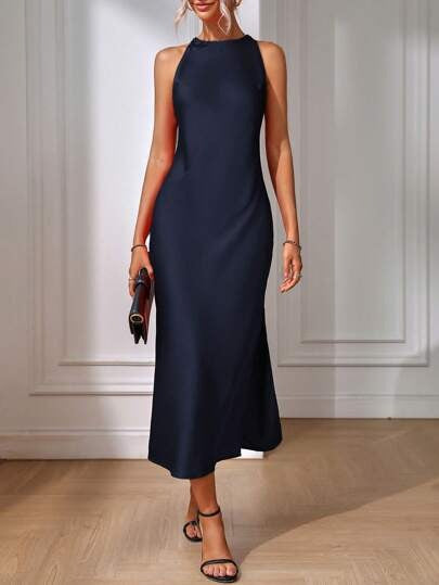 Sleeveless Slit Satin Imitation Silk Long Skirt