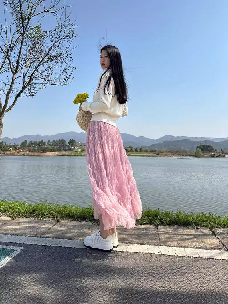 High Waist Slimming Look Mid-Length A-Line Large Hem Mesh Skirt