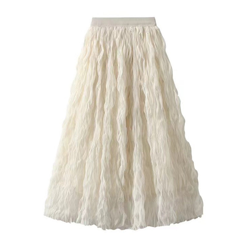 High Waist Slimming Look Mid-Length A-Line Large Hem Mesh Skirt