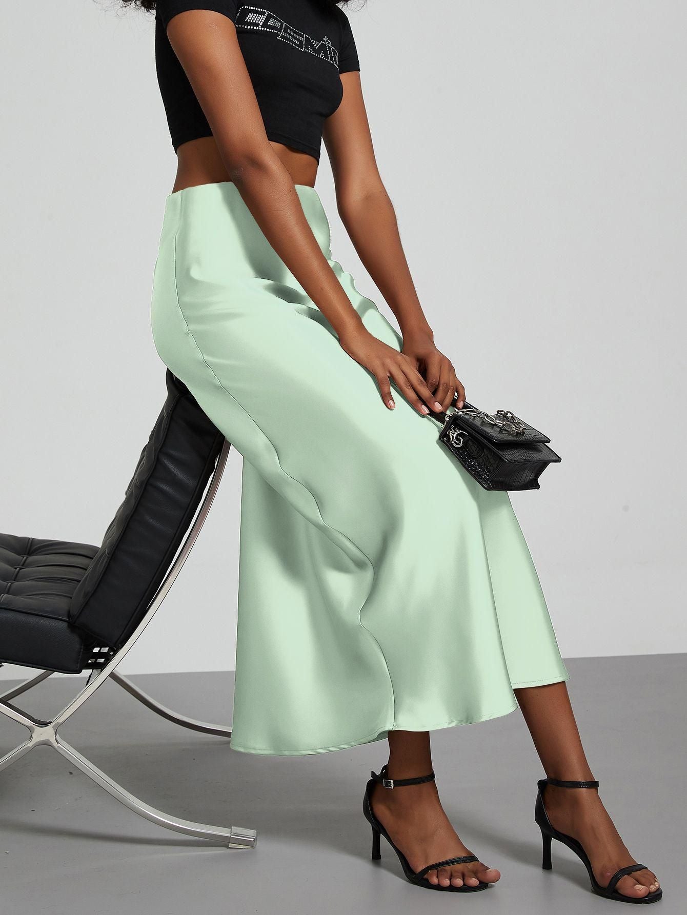 Elegant Satin Midi Skirt Slimming and Flowy