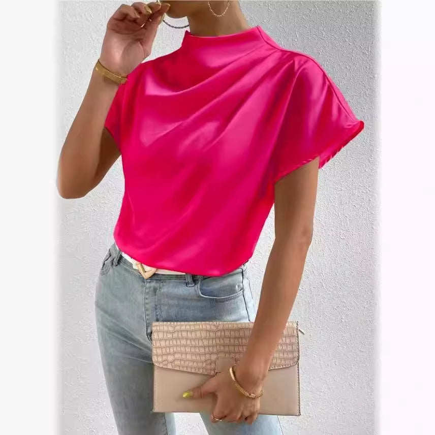 Round Neck Short-Sleeve Left Shoulder Ruched T-Shirt