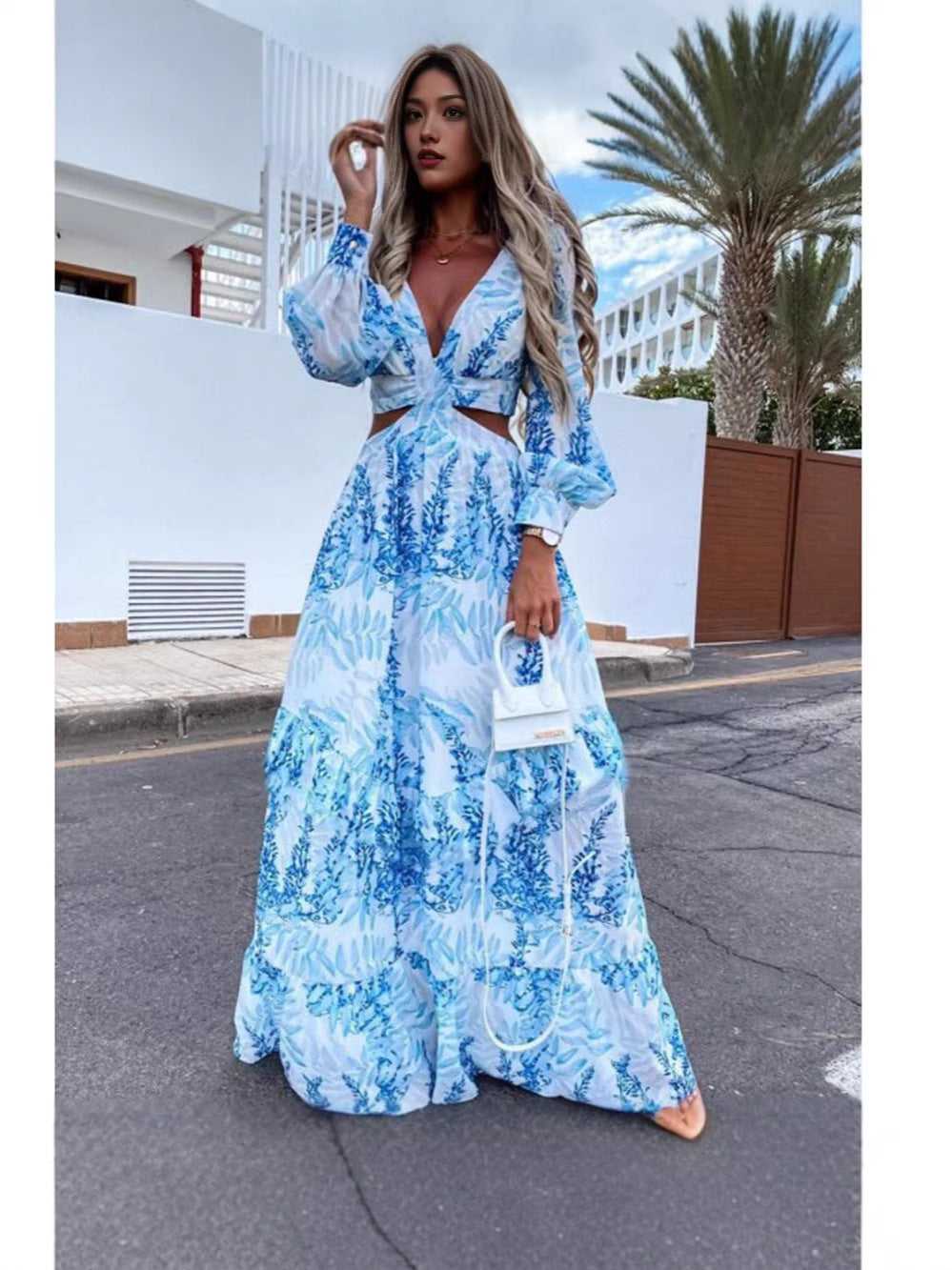 V-Neck Long-Sleeved Beach Dress