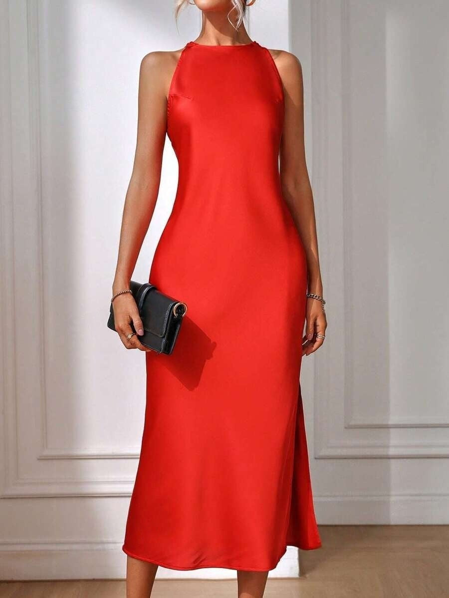 Sleeveless Slit Satin Imitation Silk Long Skirt