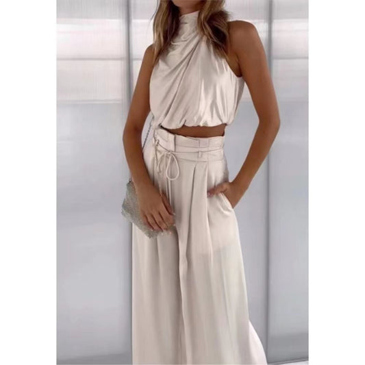 Sleeveless Boat Neck Crop Top Wide-Leg Pants