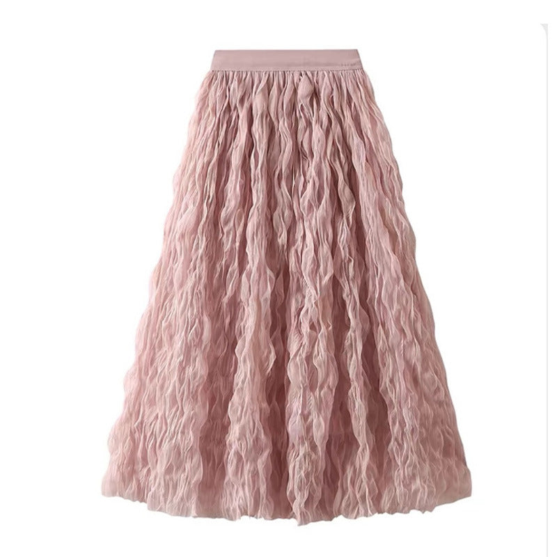 High Waist Slimming Look Mid-Length A-Line Large Hem Mesh Skirt