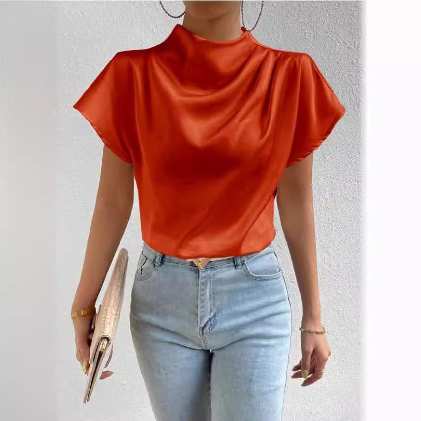 Round Neck Short-Sleeve Left Shoulder Ruched T-Shirt