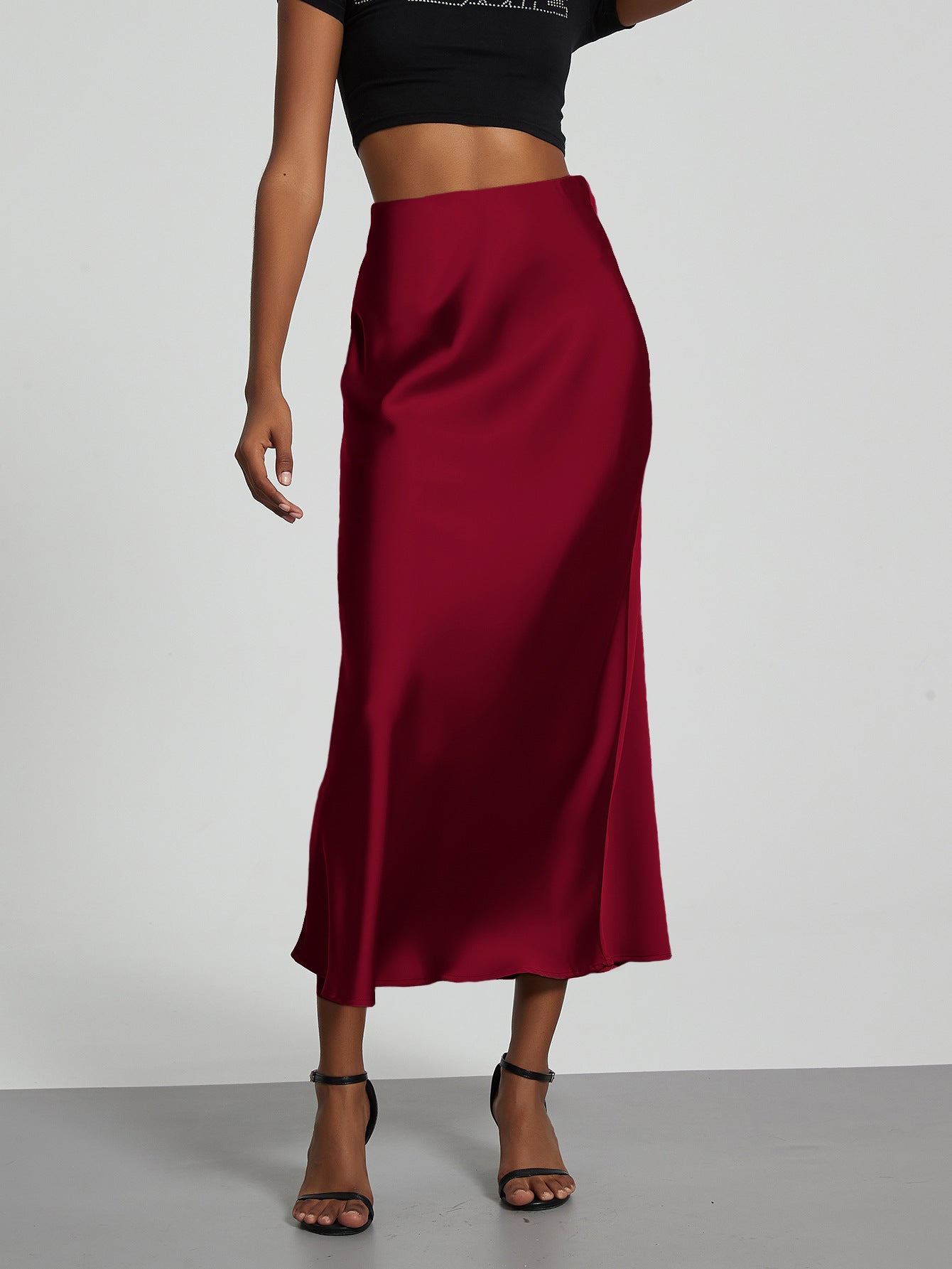 Elegant Satin Midi Skirt Slimming and Flowy
