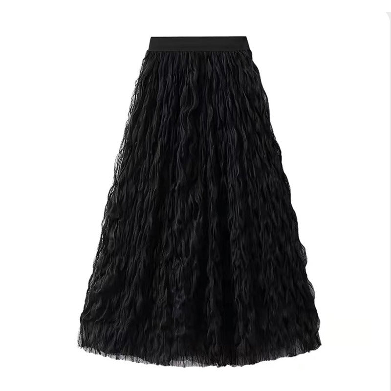 High Waist Slimming Look Mid-Length A-Line Large Hem Mesh Skirt
