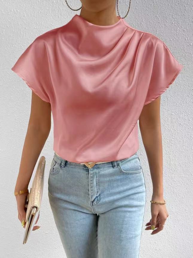 Round Neck Short-Sleeve Left Shoulder Ruched T-Shirt
