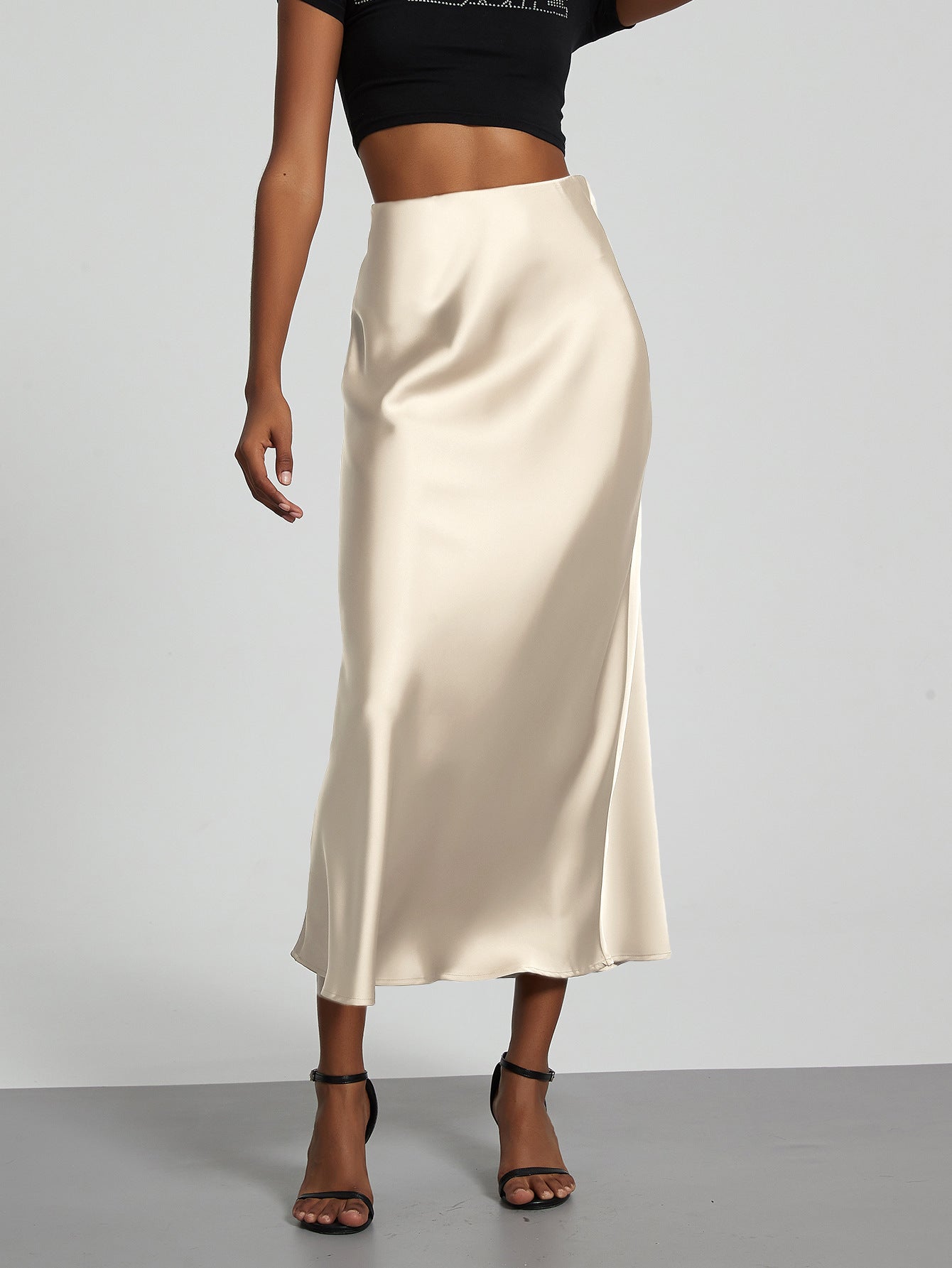 Elegant Satin Midi Skirt Slimming and Flowy
