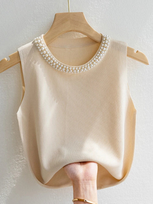 Korea Knitted Sleeveless Beading Casual Thin Tops