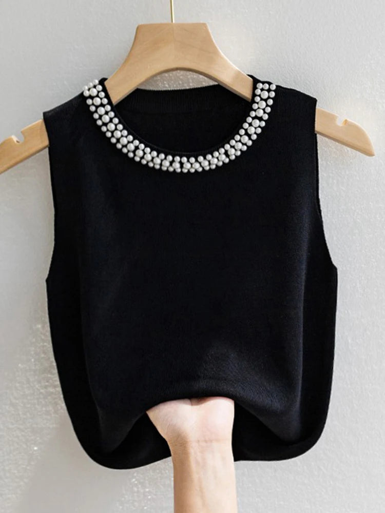 Korea Knitted Sleeveless Beading Casual Thin Tops