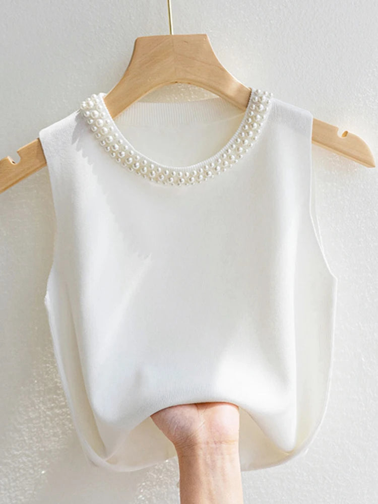 Korea Knitted Sleeveless Beading Casual Thin Tops