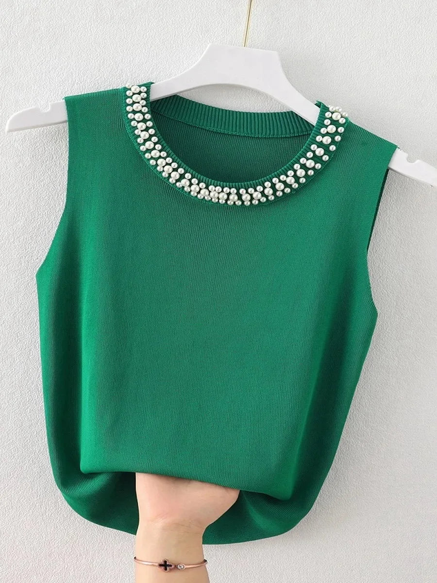 Korea Knitted Sleeveless Beading Casual Thin Tops