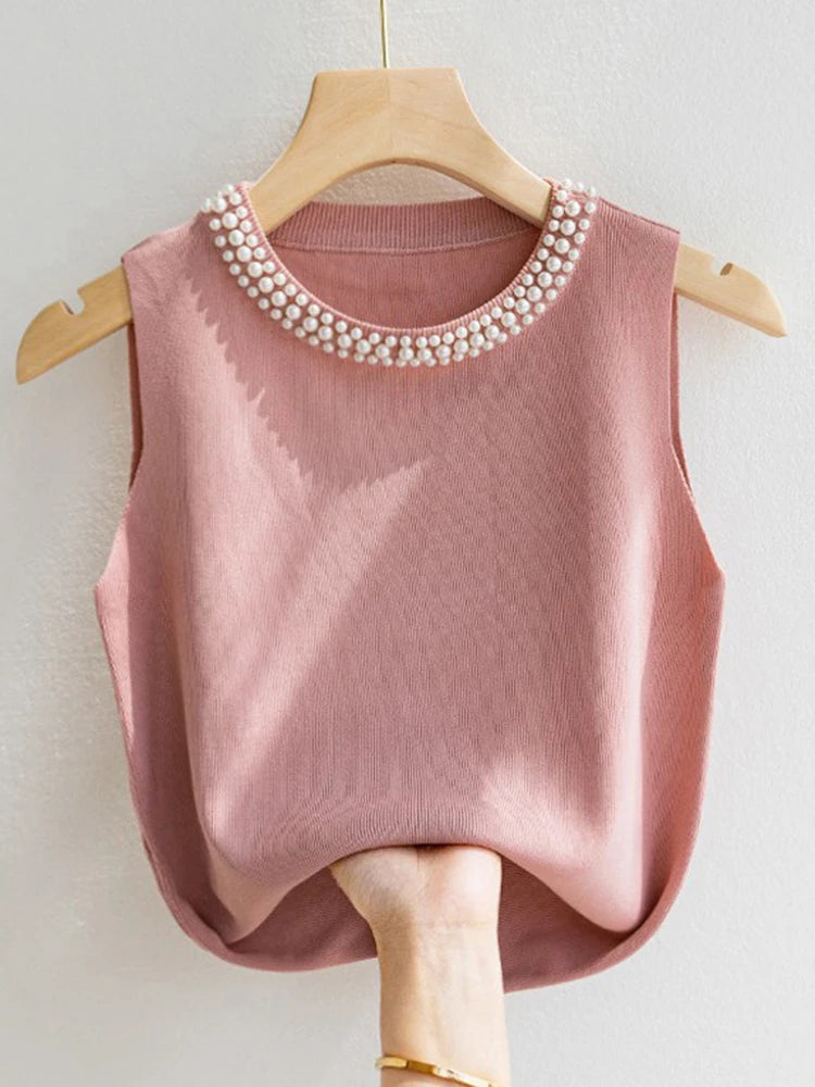 Korea Knitted Sleeveless Beading Casual Thin Tops